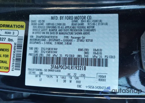 2020 Ford Fusion Sel z USA, uszkodzony, nr VIN 3FA6P0CD4LR193218